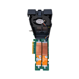 Dell FM1CF dual M.2 NVMe PCIe SSD adapter card with integrated cooling fan and heatsinks, view 3