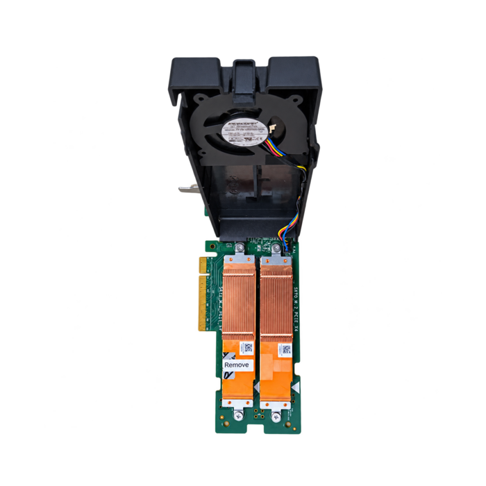 Dell FM1CF dual M.2 NVMe PCIe SSD adapter card with integrated cooling fan and heatsinks, view 3