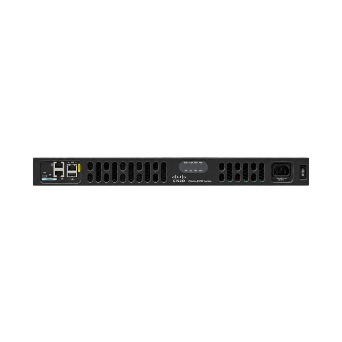 Cisco ISR 4331 1U branch router with PVDM4-32 voice DSP module, angled front view, view 2