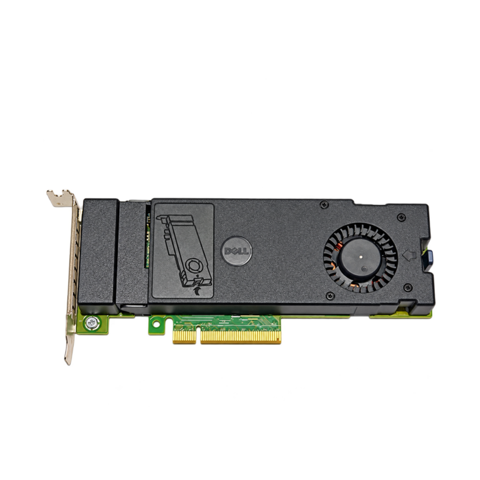 Dell FM1CF dual M.2 NVMe PCIe SSD adapter card with integrated cooling fan and heatsinks