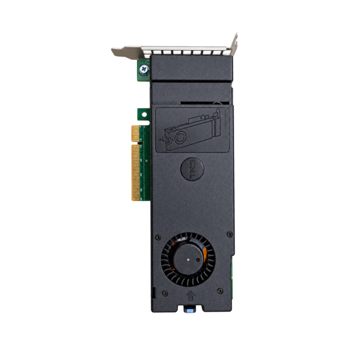 Dell FM1CF dual M.2 NVMe PCIe SSD adapter card with integrated cooling fan and heatsinks, view 2